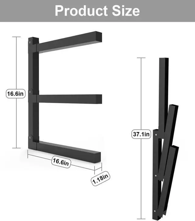 Alt view image 3 of 7 - Lumber Storage Metal Rack, 3-Level Wall-Mounted Organizer and Wood Rack, Indoor & Outdoor Storage Solution for Workshop or Garage - 1 Pack
