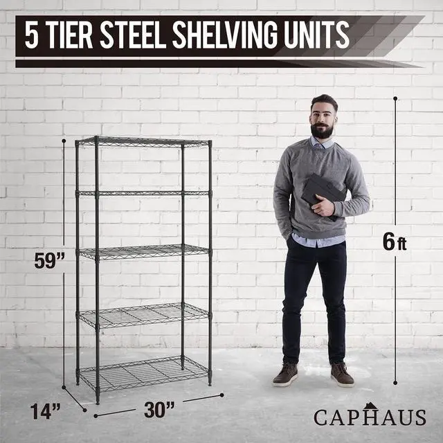 Alt view image 3 of 7 - CAPHAUS 3/4/5-Tier Adjustable Height Wire Shelving Unit, Wire Rack Shelving, Metal Steel Storage Shelves, Garage Shelving Storage Organizer, Utility Storage Shelf, 5-Tier Without Wheels, Black