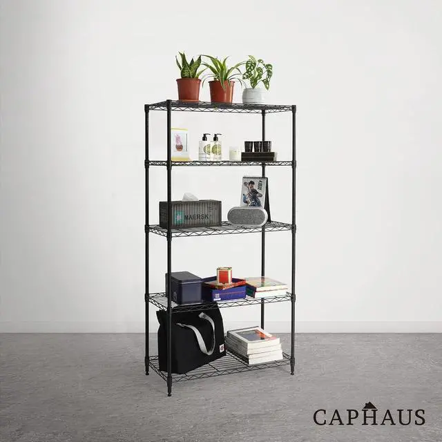 Alt view image 7 of 7 - CAPHAUS 3/4/5-Tier Adjustable Height Wire Shelving Unit, Wire Rack Shelving, Metal Steel Storage Shelves, Garage Shelving Storage Organizer, Utility Storage Shelf, 5-Tier Without Wheels, Black