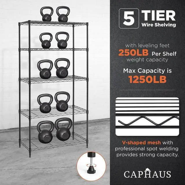 Alt view image 6 of 7 - CAPHAUS 3/4/5-Tier Adjustable Height Wire Shelving Unit, Wire Rack Shelving, Metal Steel Storage Shelves, Garage Shelving Storage Organizer, Utility Storage Shelf, 5-Tier Without Wheels, Black