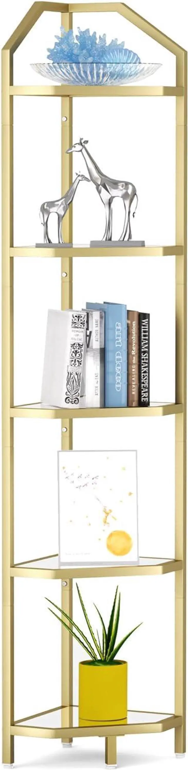 Main image of 5-Tier Corner Shelf Stand, Gold Corner Bookshelf, Bathroom Storage Rack Shelf, Plant Rack, Tempered Glass, Steel Frame, Modern Style for Living Room, Bathroom, Kitchen, Metallic Gold