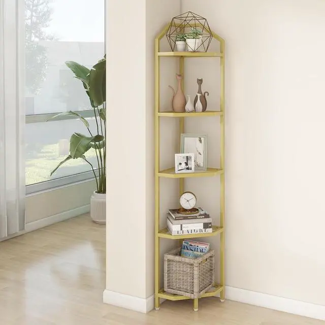 Alt view image 2 of 7 - 5-Tier Corner Shelf Stand, Gold Corner Bookshelf, Bathroom Storage Rack Shelf, Plant Rack, Tempered Glass, Steel Frame, Modern Style for Living Room, Bathroom, Kitchen, Metallic Gold