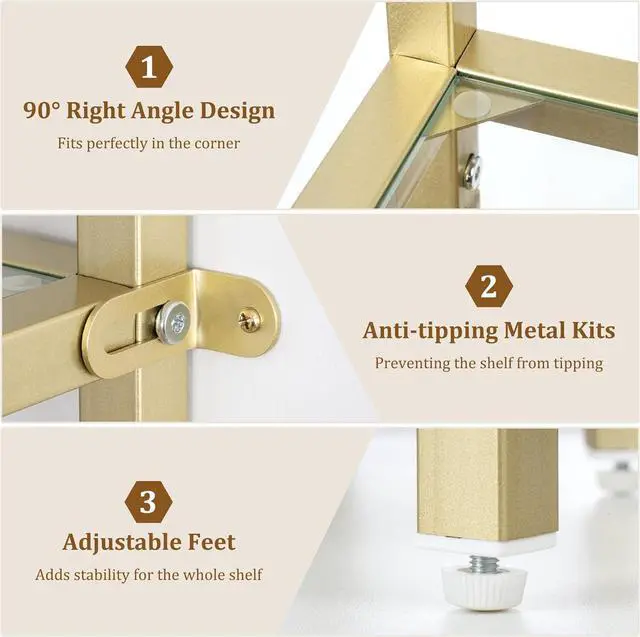 Alt view image 4 of 7 - 5-Tier Corner Shelf Stand, Gold Corner Bookshelf, Bathroom Storage Rack Shelf, Plant Rack, Tempered Glass, Steel Frame, Modern Style for Living Room, Bathroom, Kitchen, Metallic Gold