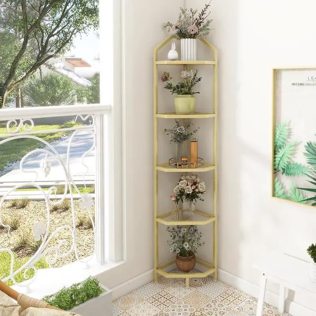 Alt view image 5 of 7 - 5-Tier Corner Shelf Stand, Gold Corner Bookshelf, Bathroom Storage Rack Shelf, Plant Rack, Tempered Glass, Steel Frame, Modern Style for Living Room, Bathroom, Kitchen, Metallic Gold