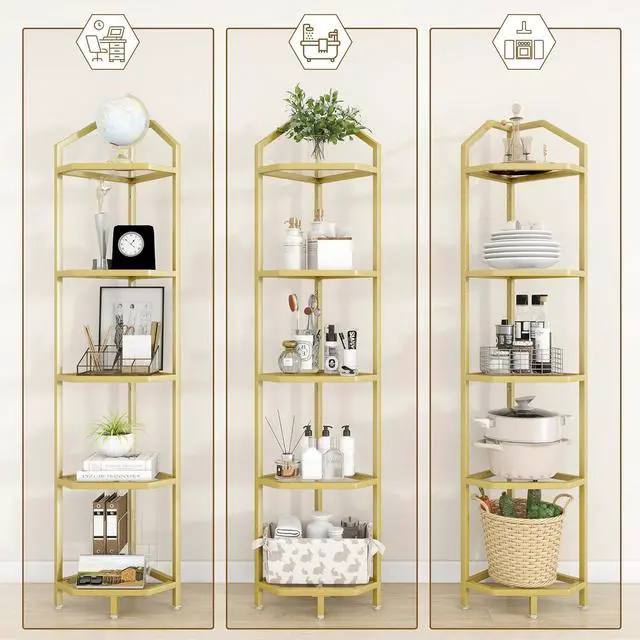 Alt view image 6 of 7 - 5-Tier Corner Shelf Stand, Gold Corner Bookshelf, Bathroom Storage Rack Shelf, Plant Rack, Tempered Glass, Steel Frame, Modern Style for Living Room, Bathroom, Kitchen, Metallic Gold