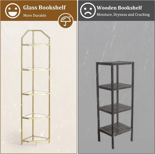 Alt view image 7 of 7 - 5-Tier Corner Shelf Stand, Gold Corner Bookshelf, Bathroom Storage Rack Shelf, Plant Rack, Tempered Glass, Steel Frame, Modern Style for Living Room, Bathroom, Kitchen, Metallic Gold