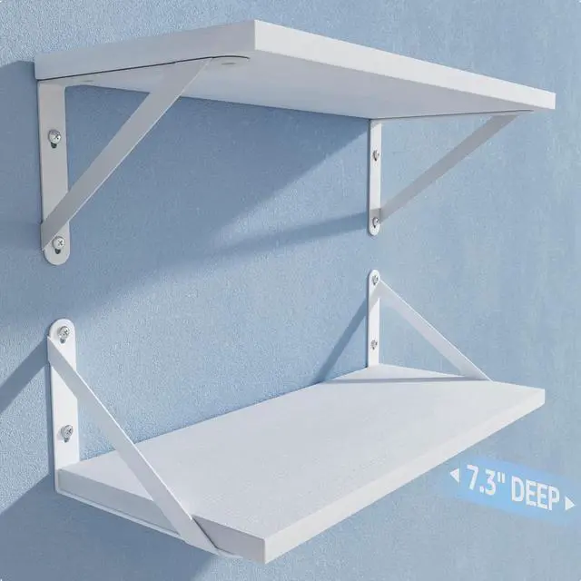 Main image of COCOYA Wall Shelves 7.3" Deep Solid Paulownia Wood (White, Set of 2)