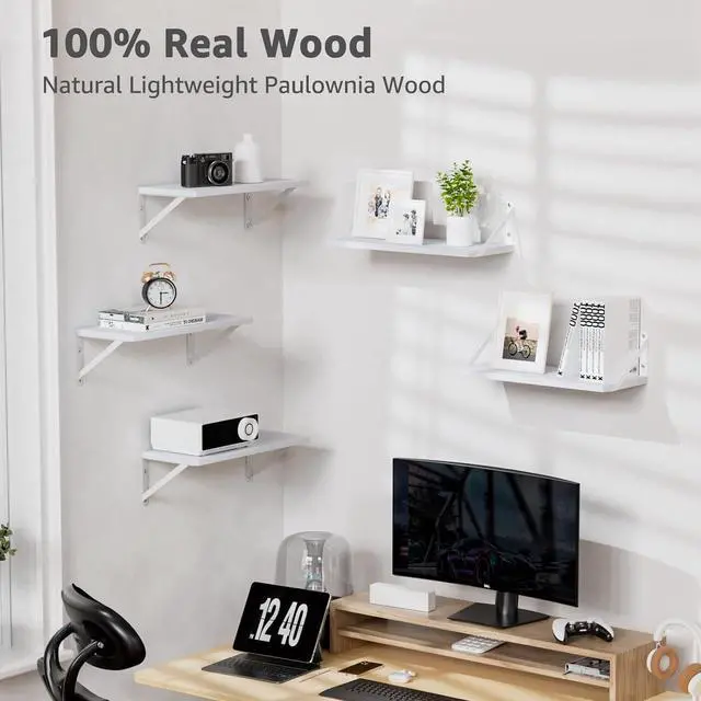 Alt view image 5 of 6 - COCOYA Wall Shelves 7.3" Deep Solid Paulownia Wood (White, Set of 2)