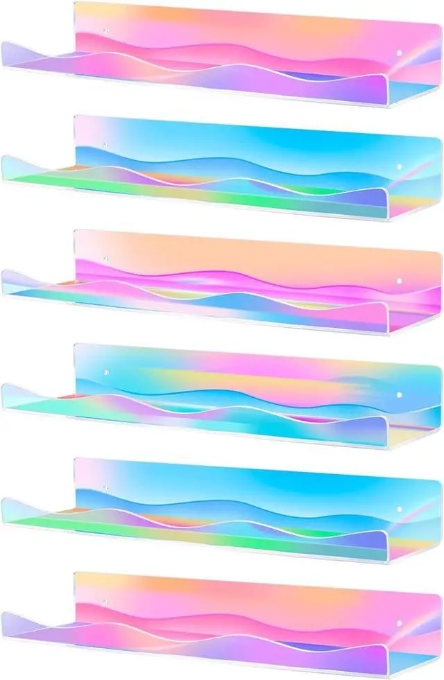 Main image of 6 Pack Iridescent Acrylic Floating Shelves, 15.7" Clear Acrylic Display Shelves Bookshelf Wall Mounted, Bathroom Kids Room Home Storage Wall Decor Ledge Shelf for Skincare, Perfume, Nail Polish