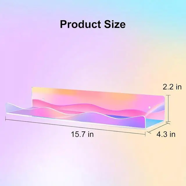 Alt view image 3 of 6 - 6 Pack Iridescent Acrylic Floating Shelves, 15.7" Clear Acrylic Display Shelves Bookshelf Wall Mounted, Bathroom Kids Room Home Storage Wall Decor Ledge Shelf for Skincare, Perfume, Nail Polish