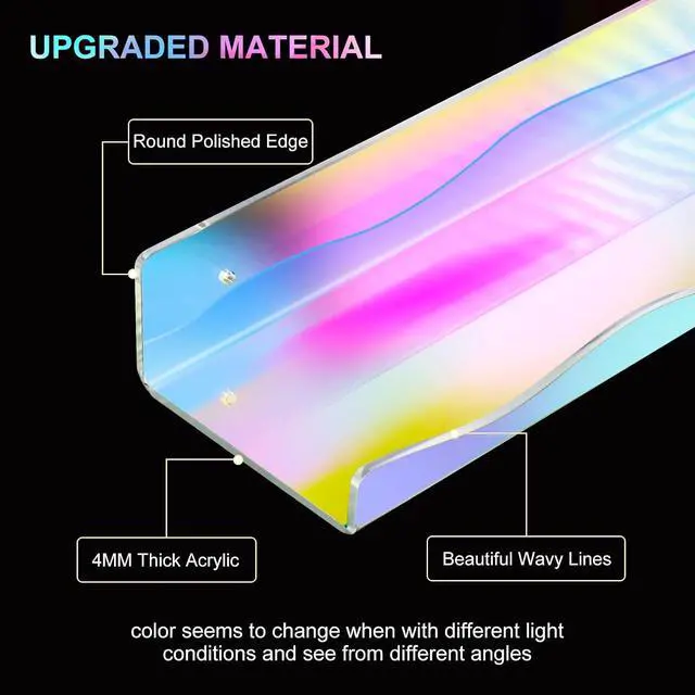 Alt view image 4 of 6 - 6 Pack Iridescent Acrylic Floating Shelves, 15.7" Clear Acrylic Display Shelves Bookshelf Wall Mounted, Bathroom Kids Room Home Storage Wall Decor Ledge Shelf for Skincare, Perfume, Nail Polish