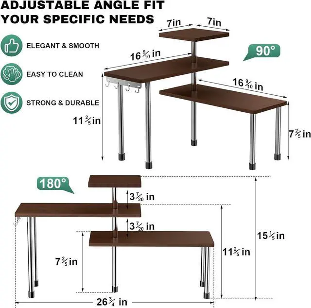Alt view image 2 of 7 - ZHWS Bathroom Counter Organizer for MakeUps, Dresser Table, Kitchen Countertop Organizer Adjustable 3 Tier Corner Shelf with 4 Metal Hooks for Coffee Bar, Spice Rack, Over Sink