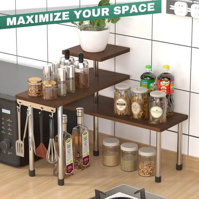 Alt view image 3 of 7 - ZHWS Bathroom Counter Organizer for MakeUps, Dresser Table, Kitchen Countertop Organizer Adjustable 3 Tier Corner Shelf with 4 Metal Hooks for Coffee Bar, Spice Rack, Over Sink