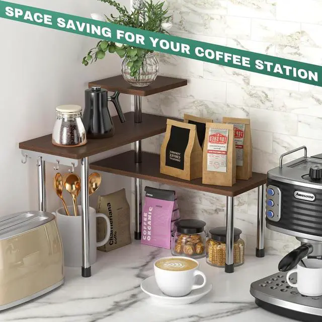 Alt view image 4 of 7 - ZHWS Bathroom Counter Organizer for MakeUps, Dresser Table, Kitchen Countertop Organizer Adjustable 3 Tier Corner Shelf with 4 Metal Hooks for Coffee Bar, Spice Rack, Over Sink