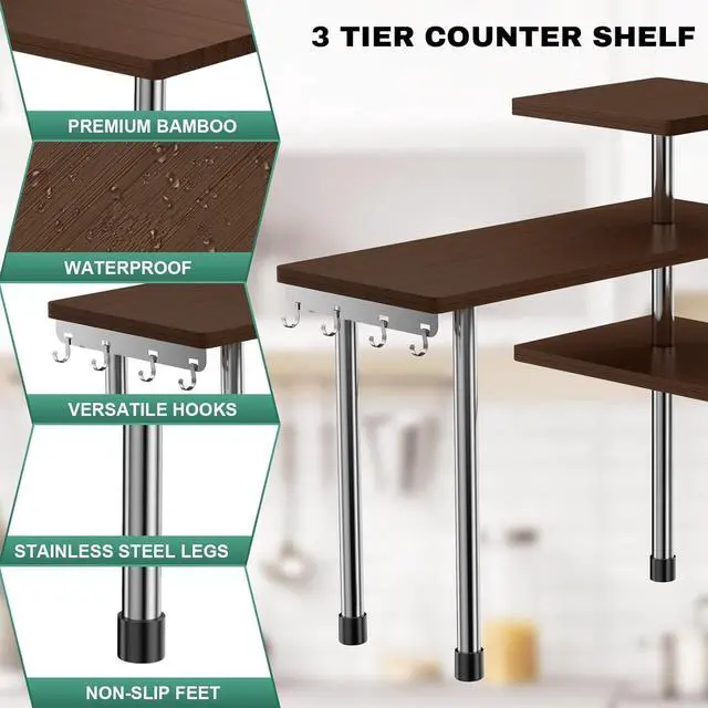 Alt view image 5 of 7 - ZHWS Bathroom Counter Organizer for MakeUps, Dresser Table, Kitchen Countertop Organizer Adjustable 3 Tier Corner Shelf with 4 Metal Hooks for Coffee Bar, Spice Rack, Over Sink