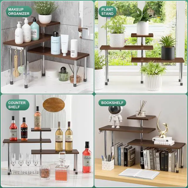 Alt view image 7 of 7 - ZHWS Bathroom Counter Organizer for MakeUps, Dresser Table, Kitchen Countertop Organizer Adjustable 3 Tier Corner Shelf with 4 Metal Hooks for Coffee Bar, Spice Rack, Over Sink