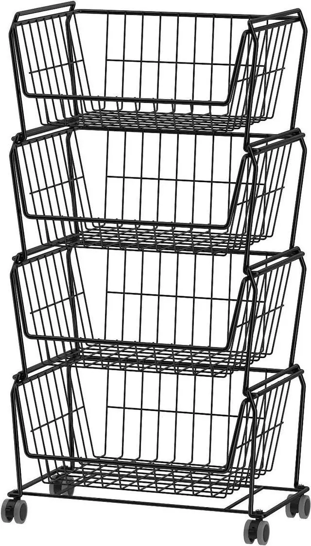 Main image of PUSDON 4-Tier Spacious Stackable Wire Storage Baskets with Wheels, Metal Rolling Utility Cart, Produce Basket for Pantry, Bathroom Organizer Shelf, Matte Black