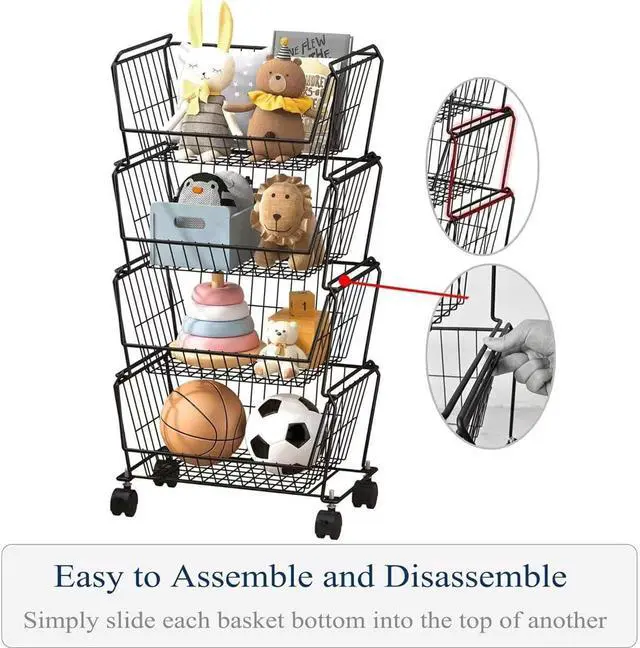 Alt view image 3 of 6 - PUSDON 4-Tier Spacious Stackable Wire Storage Baskets with Wheels, Metal Rolling Utility Cart, Produce Basket for Pantry, Bathroom Organizer Shelf, Matte Black