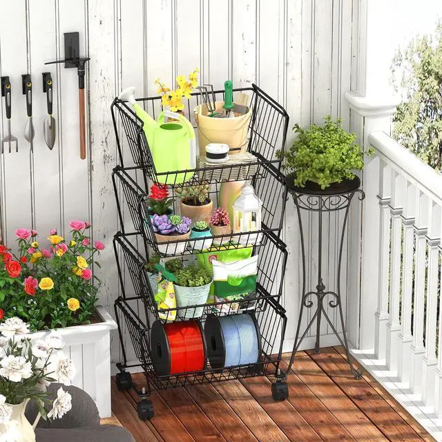 Alt view image 4 of 6 - PUSDON 4-Tier Spacious Stackable Wire Storage Baskets with Wheels, Metal Rolling Utility Cart, Produce Basket for Pantry, Bathroom Organizer Shelf, Matte Black
