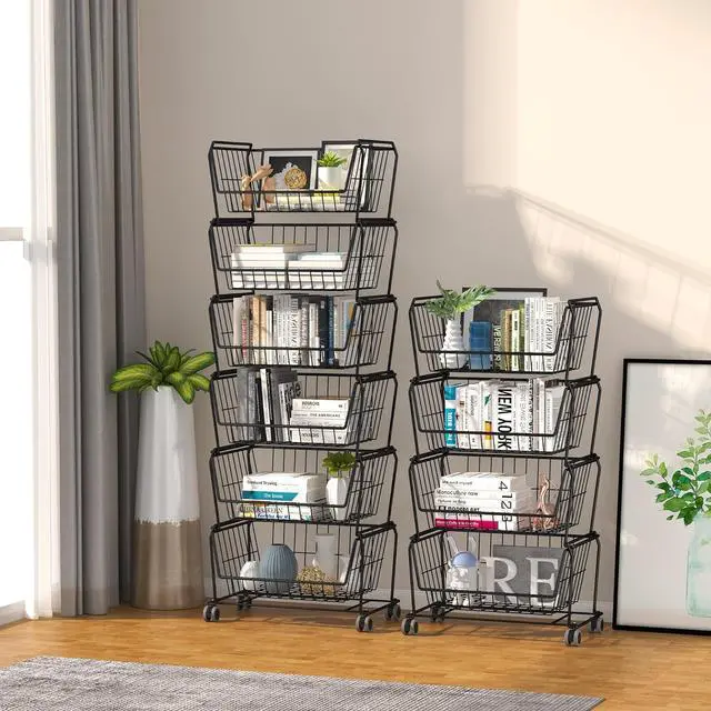 Alt view image 5 of 6 - PUSDON 4-Tier Spacious Stackable Wire Storage Baskets with Wheels, Metal Rolling Utility Cart, Produce Basket for Pantry, Bathroom Organizer Shelf, Matte Black