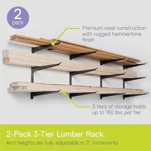 Alt view image 2 of 7 - Heavy Duty Wood and Lumber Storage Rack (2-Pack), Holds Up To 960 lbs - Easy to Install Mounted Rack - Steel Construction Storage Solution For Garage, Basement & Pantry by Delta Cycle