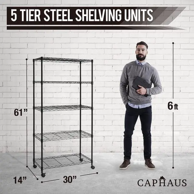 Alt view image 3 of 7 - CAPHAUS 3/4/5-Tier Adjustable Height Wire Shelving Unit, Wire Rack Shelving, Metal Steel Storage Shelves, Garage Shelving Storage Organizer, Utility Storage Shelf, 5-Tier With Wheels, Black