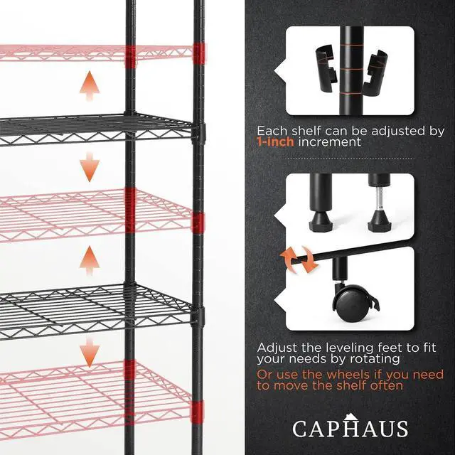 Alt view image 4 of 7 - CAPHAUS 3/4/5-Tier Adjustable Height Wire Shelving Unit, Wire Rack Shelving, Metal Steel Storage Shelves, Garage Shelving Storage Organizer, Utility Storage Shelf, 5-Tier With Wheels, Black