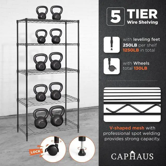 Alt view image 6 of 7 - CAPHAUS 3/4/5-Tier Adjustable Height Wire Shelving Unit, Wire Rack Shelving, Metal Steel Storage Shelves, Garage Shelving Storage Organizer, Utility Storage Shelf, 5-Tier With Wheels, Black