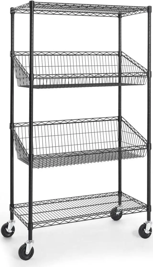 Main image of CAPHAUS NSF Commercial Heavy Duty 4 Tier Wire Shelving with Two Trapezoid Baskets, Wheels, Leveling Feet, Black Storage Shelf for Basement Garage and Utility Storage