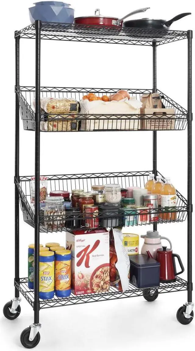Alt view image 4 of 7 - CAPHAUS NSF Commercial Heavy Duty 4 Tier Wire Shelving with Two Trapezoid Baskets, Wheels, Leveling Feet, Black Storage Shelf for Basement Garage and Utility Storage