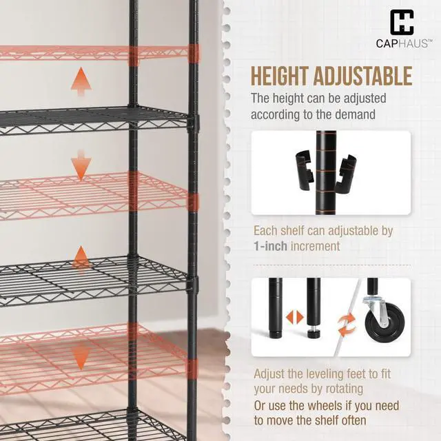 Alt view image 5 of 7 - CAPHAUS NSF Commercial Heavy Duty 4 Tier Wire Shelving w/Two Rectangle Baskets, Wheels, Leveling Feet, Storage Metal Shelf, Basement Garage Shelving, Utility Wire Rack Storage Black