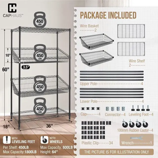 Alt view image 3 of 7 - CAPHAUS NSF Commercial Heavy Duty 4 Tier Wire Shelving with Two Trapezoid Baskets, Wheels, Leveling Feet, Black Storage Shelf for Basement Garage and Utility Storage