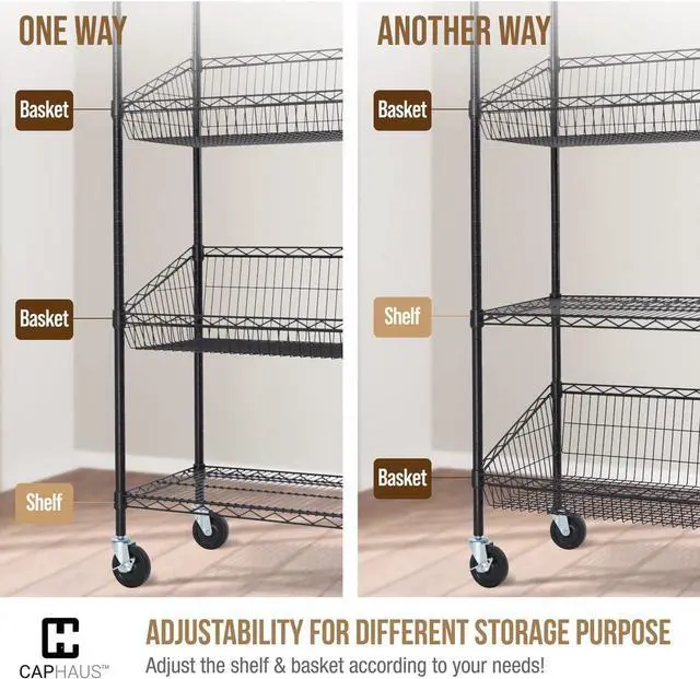 Alt view image 6 of 7 - CAPHAUS NSF Commercial Heavy Duty 4 Tier Wire Shelving with Two Trapezoid Baskets, Wheels, Leveling Feet, Black Storage Shelf for Basement Garage and Utility Storage
