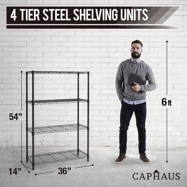 Alt view image 3 of 7 - CAPHAUS 4-Tier Adjustable Height Wire Shelving Unit, Wire Rack Shelving, Metal Steel Storage Shelves, Garage Shelving Storage Organizer, Utility Storage Shelf, Without Wheels, Black