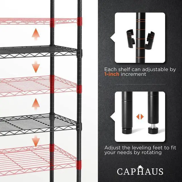 Alt view image 4 of 7 - CAPHAUS 4-Tier Adjustable Height Wire Shelving Unit, Wire Rack Shelving, Metal Steel Storage Shelves, Garage Shelving Storage Organizer, Utility Storage Shelf, Without Wheels, Black