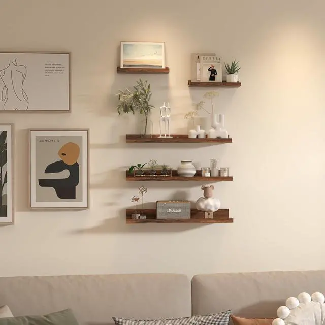 Alt view image 4 of 5 - Giftgarden 24 Inch Wall Mounted Floating Shelves Set of 5, Rustic Wood Wall Shelves for Bathroom, Bedroom, Kitchen, Living Room Storage and Decoration, Brown Picture Ledge