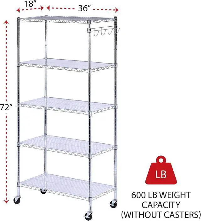 Alt view image 2 of 7 - Alera 5-Shelf Wire Shelving Kit with Casters and Shelf Liners, 36w X 18d X 72h, Silver