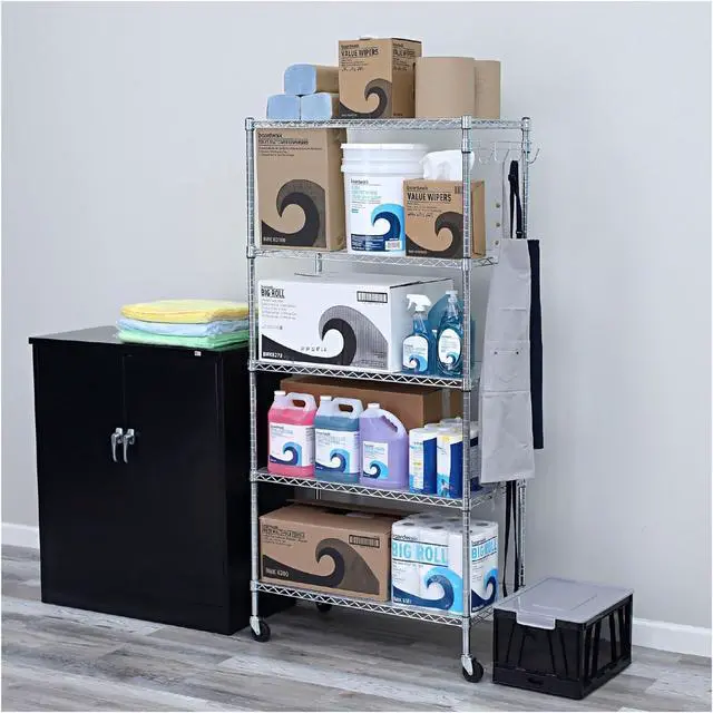 Alt view image 5 of 7 - Alera 5-Shelf Wire Shelving Kit with Casters and Shelf Liners, 36w X 18d X 72h, Silver