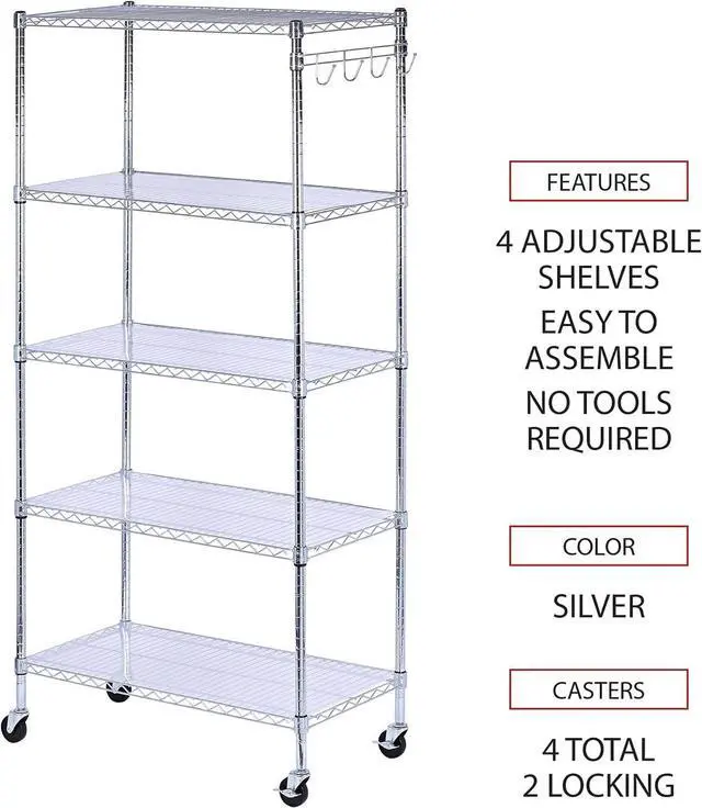 Alt view image 3 of 7 - Alera 5-Shelf Wire Shelving Kit with Casters and Shelf Liners, 36w X 18d X 72h, Silver