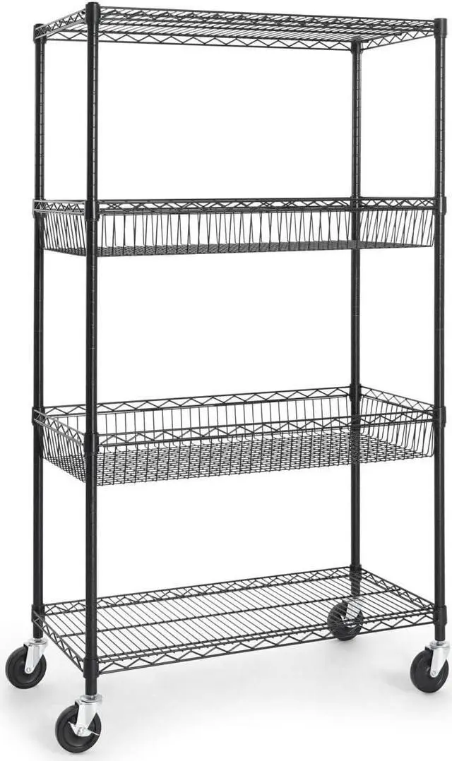 Main image of CAPHAUS NSF Commercial Heavy Duty 4 Tier Wire Shelving w/Two Rectangle Baskets, Wheels, Leveling Feet, Storage Metal Shelf, Basement Garage Shelving, Utility Wire Rack Storage Black