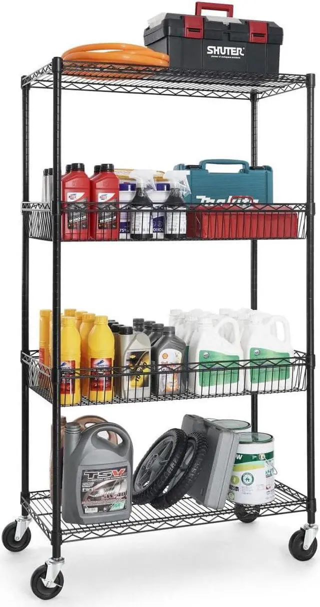 Alt view image 4 of 7 - CAPHAUS NSF Commercial Heavy Duty 4 Tier Wire Shelving w/Two Rectangle Baskets, Wheels, Leveling Feet, Storage Metal Shelf, Basement Garage Shelving, Utility Wire Rack Storage Black