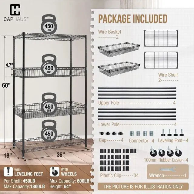Alt view image 3 of 7 - CAPHAUS NSF Commercial Heavy Duty 4 Tier Wire Shelving w/Two Rectangle Baskets, Wheels, Leveling Feet, Storage Metal Shelf, Basement Garage Shelving, Utility Wire Rack Storage Black