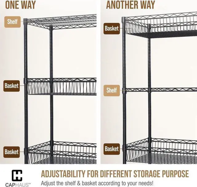 Alt view image 6 of 7 - CAPHAUS NSF Commercial Heavy Duty 4 Tier Wire Shelving w/Two Rectangle Baskets, Wheels, Leveling Feet, Storage Metal Shelf, Basement Garage Shelving, Utility Wire Rack Storage Black