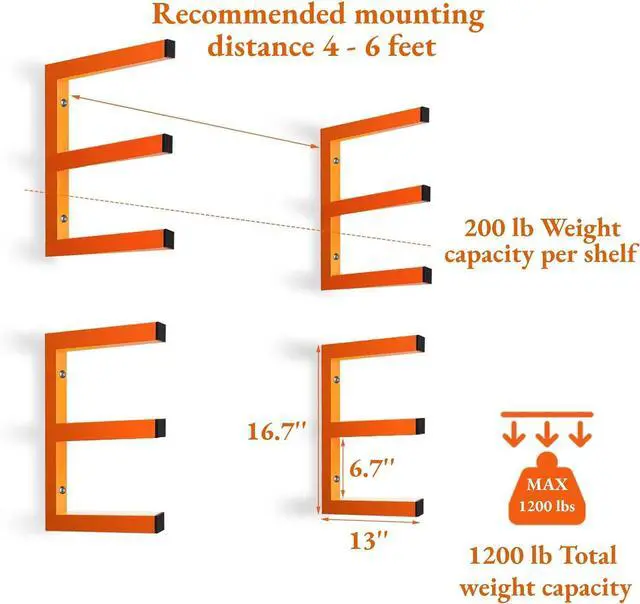 Alt view image 2 of 7 - MOOMSINE Lumber Storage Rack Wall Mounted, 6-Level Holds Up 1200 Lbs Heavy Duty Wood Organizer, Metal Shelf for Shed, Workshop, Garage - 4pack, Orange