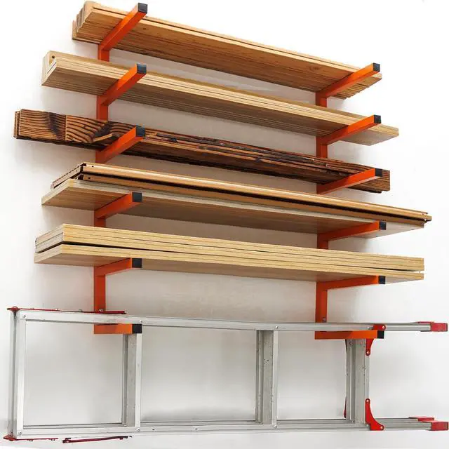 Main image of MOOMSINE Lumber Storage Rack Wall Mounted, 6-Level Holds Up 1200 Lbs Heavy Duty Wood Organizer, Metal Shelf for Shed, Workshop, Garage - 4pack, Orange