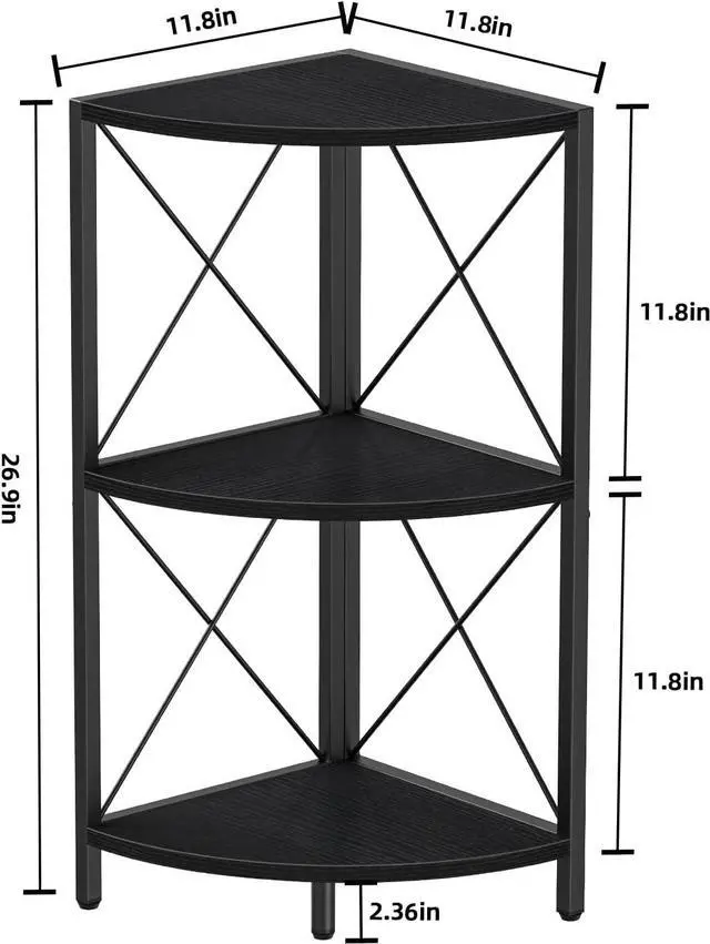 Alt view image 3 of 7 - Snughome Corner Shelf with Metal Frame, 3 Tier Corner Storage Organizer, Freestanding Corner Bookshelf Stand Display Rack for Kitchen, Living Room, Black