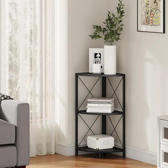 Alt view image 2 of 7 - Snughome Corner Shelf with Metal Frame, 3 Tier Corner Storage Organizer, Freestanding Corner Bookshelf Stand Display Rack for Kitchen, Living Room, Black