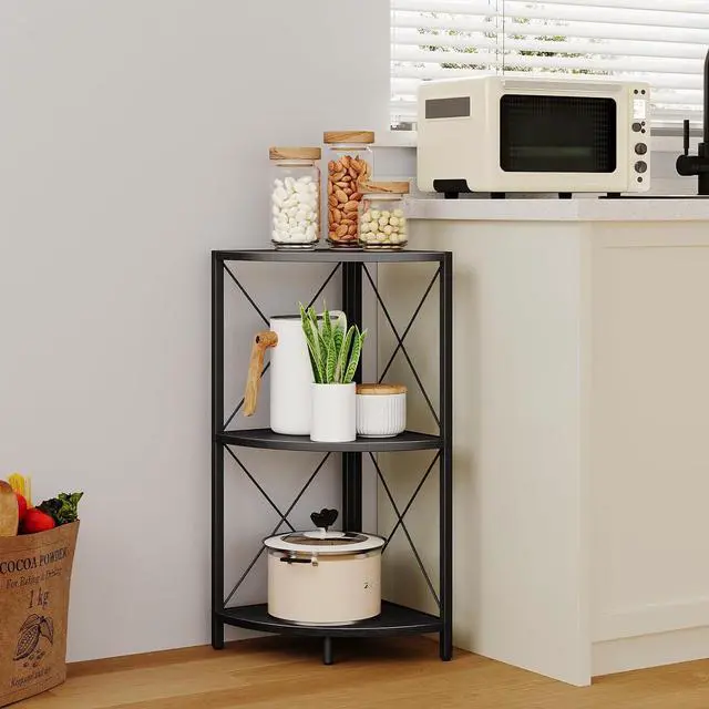 Alt view image 4 of 7 - Snughome Corner Shelf with Metal Frame, 3 Tier Corner Storage Organizer, Freestanding Corner Bookshelf Stand Display Rack for Kitchen, Living Room, Black