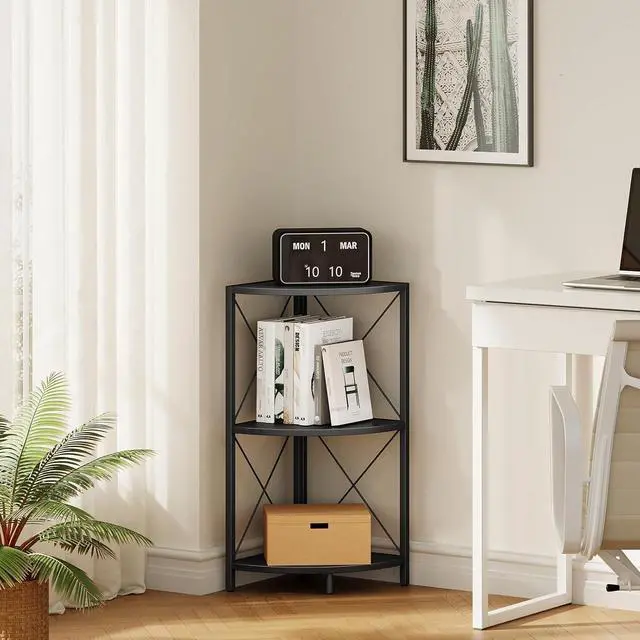 Alt view image 5 of 7 - Snughome Corner Shelf with Metal Frame, 3 Tier Corner Storage Organizer, Freestanding Corner Bookshelf Stand Display Rack for Kitchen, Living Room, Black