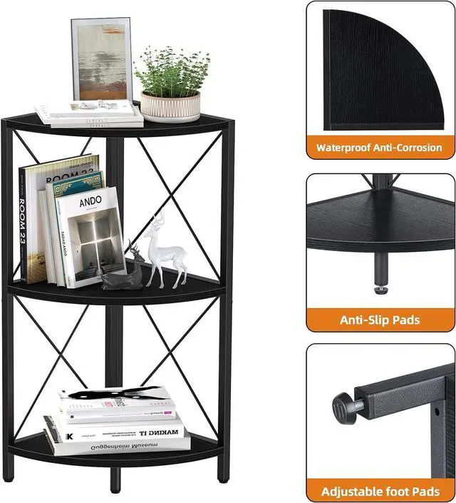 Alt view image 7 of 7 - Snughome Corner Shelf with Metal Frame, 3 Tier Corner Storage Organizer, Freestanding Corner Bookshelf Stand Display Rack for Kitchen, Living Room, Black